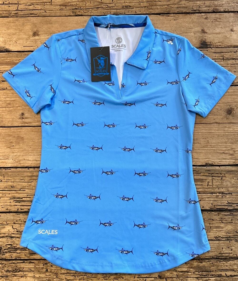 Scales Women’s Powder Blue Tropical Marlin Golf Polo Size XS NWT